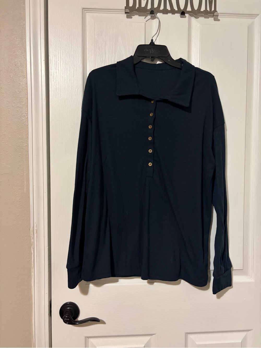 Dark Navy Button-Up Collar Long Sleeve Top